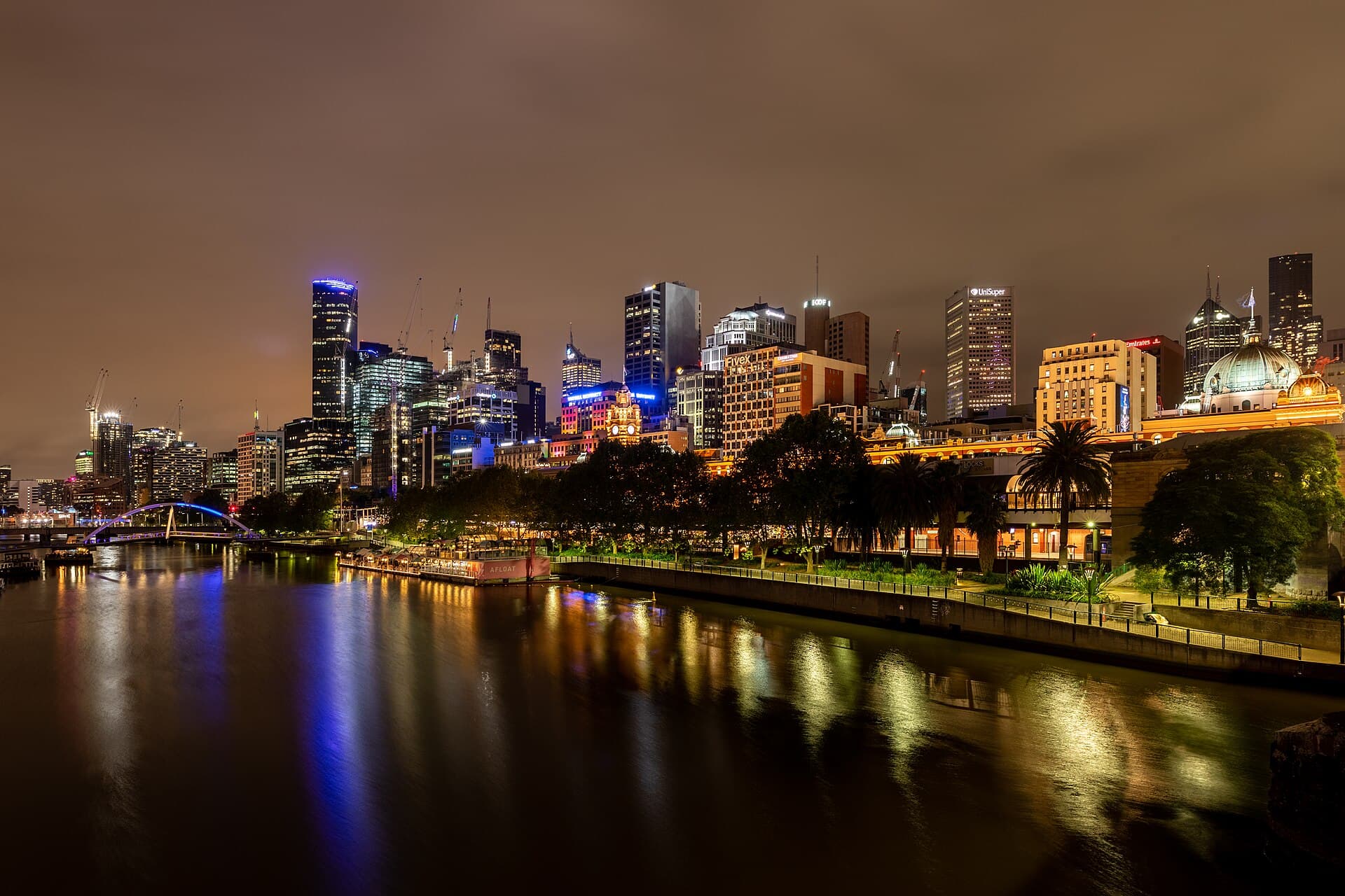 Melbourne skyline at night reflected in the Yarra